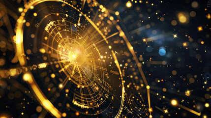 Wall Mural - astrological signs on glowing circle in space, shiny zodiac wheel with planets and stars. concept of