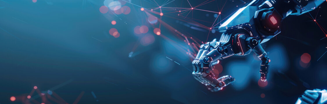 Panoramic banner with mechanical robot hand, futuristic AI machine arm on abstract digital background. Concept of industry, technology, future, manufacturing, science