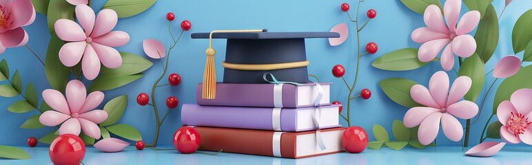 Wall Mural - A mortarboard and graduation scroll, tied with red ribbon, on a stack of books. AI generated illustration