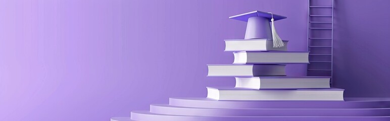 Wall Mural - 3D rendering of a podium with a graduation hat, ladder and books on a purple background. AI generated illustration