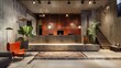 © Joel - modern lobby interior design with exposed concrete --ar 16:9 Job ID: 0a4f9f90-0c9d-471e-be47-58b83d62b504