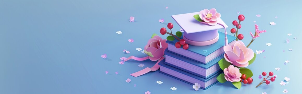 A mortarboard and graduation scroll, tied with red ribbon, on a stack of books. AI generated illustration