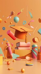 Canvas Print - concept of obtaining higher education. stack of books and graduate cap on a blue background. 3d render. illustration. AI generated illustration