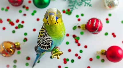 Wall Mural - Cute Parakeet with Christmas Ornaments. Concept of holiday decorations, pet bird, festive celebration, funny parrot, budgerigar