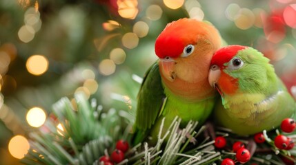 Wall Mural - Colorful lovebirds on a festive holiday background. Concept of exotic birds, Christmas, festive decoration, bird couple, cute parrots. Copy space