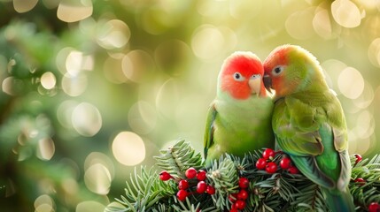 Wall Mural - Colorful lovebirds on a festive holiday background. Concept of exotic birds, Christmas, festive decoration, bird couple, cute parrots. Copy space