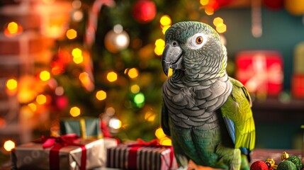 Wall Mural - African grey parrot with Christmas gifts and festive decorations. Concept of holiday celebration, exotic pets, Christmas spirit, festive decor