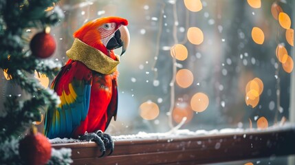 Wall Mural - Macaw parrot wearing scarf on a winter day. Concepts of tropical bird, Christmas season, holiday decoration, festive atmosphere