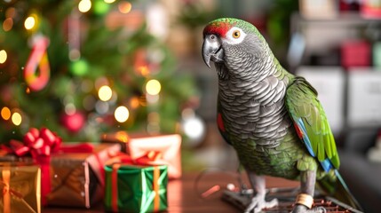 Wall Mural - African grey parrot with Christmas gifts and festive decorations. Concept of holiday celebration, exotic pets, Christmas spirit, festive decor