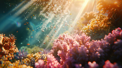 Wall Mural - Close-up of light rays filtering through water, highlighting vibrant coral and small fish in stunning colors. 