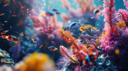 Sticker - Close-up view of a coral garden with intricate textures and patterns, surrounded by small colorful fish and sea creatures. 