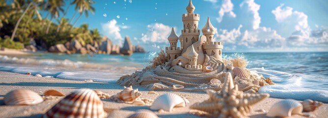Sandcastle On A Tropical Beach With Blue Sky And Ocean