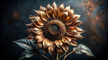 Poster - A Single Metallic Sunflower With Bronze Petals Against a Dark Background. Generative AI