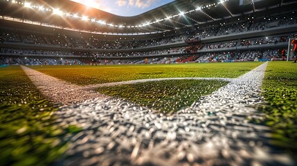 Wall Mural - Football pitch with a player taking a corner kick with the stadium and fans in view.