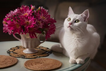 Poster - A white cat sitting on a table next to vase of flowers, AI