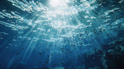 Sticker - Underwater view of an ocean, clear blue water with sunlight filtering through. Schools of fish swim in the depth. 