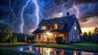 © Irina - A House Illuminated by Lightning During a Nighttime Thunderstorm. Generative AI