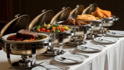 Canvas Print - A buffet of food is being served in silver trays, AI
