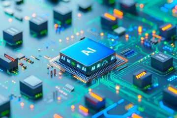 Sticker - Blue AI processor on circuit board, artificial intelligence, advanced tech, digital electronics, high tech components, futuristic design