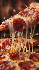 Wall Mural - Close-up of a cheesy pepperoni pizza slice being pulled apart with melted cheese strings.