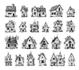 Wall Mural - Doodle Style Creepy Houses Set. Low Detailed Line Sketch with Crisp Contours on a White Background Spooky Haunted Houses Illustrations Halloween Buildings Collection Ghostly Homes