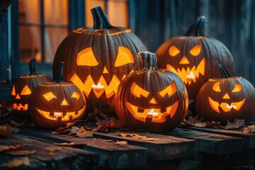 Halloween night features illuminated carved pumpkins with evil faces, glowing in the darkness and contributing to a spooky, eerie vibe