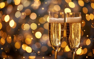 Shining golden bubbles in two clinking champagne glasses on a black background. New Year celebration concept, with ample copy space for text, ideal for web banner design