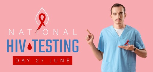 Poster - Banner for National HIV Testing Day with young doctor holding red awareness ribbon