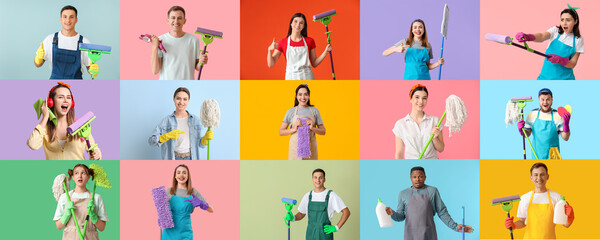 Sticker - Group of people with mops and cleaning supplies on color background