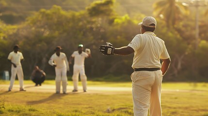 Wall Mural - Umpire signaling a no-ball with cricket players and pitch in the background.