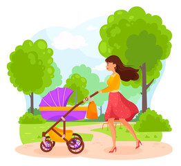 Wall Mural - Mother walking stroller. Babysitter or mom walk with baby pushchair in summer park, young mum push child carriage mommy pushing pram kid buggy wagon, ingenious illustration