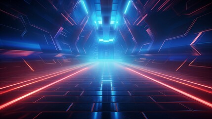 Poster - Futuristic Neon Tunnel with Blue and Red Lights Creating a Cyberpunk Environment