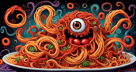   Spaghetti monster pasta flying halloween funny food pastafarian sauce cartoon. Pop spaghetti pasta monster dish scary head art spooky fun meatball humor tomato isolated atheist religious lunch holy. 