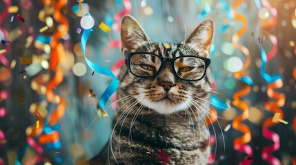 Wall Mural - Happy Birthday, carnival, New Year's eve, sylvester or other festive celebration, cat with glasses
