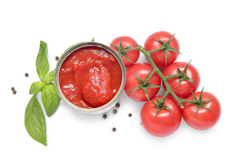 Wall Mural - Tin can with tomatoes isolated on white background