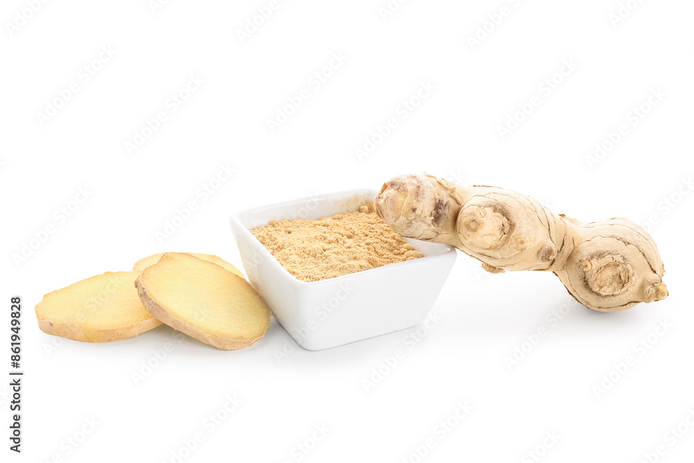 Fresh ginger root and bowl with dried powder on white background
