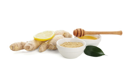 Wall Mural - Fresh ginger root and bowl with dried powder on white background
