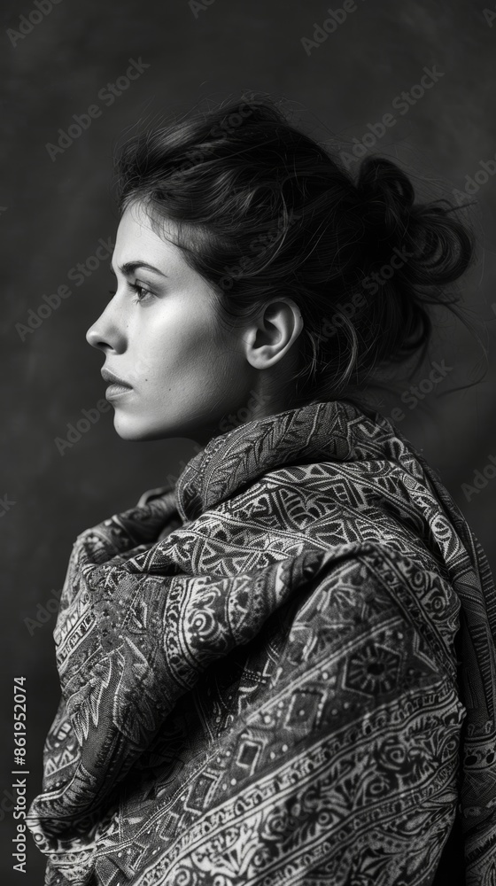 A woman looks stoically into the distance dd in a patterned shawl that ...