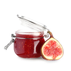 Wall Mural - Jar of sweet fig jam on white background