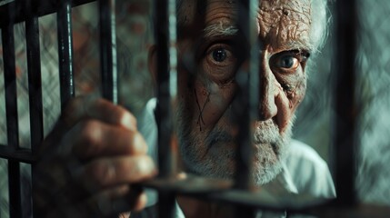 Wall Mural - grandfather inside a prison looking at the camera