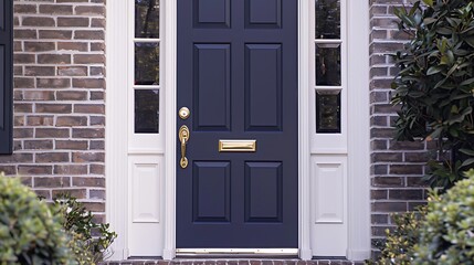 Wall Mural - door in a rich shade of navy, framed by a traditional brick entryway with white trim and classic, brass door hardware