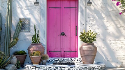Wall Mural - door in vibrant pink with a matte finish, surrounded by a white stucco entry with Mediterranean-inspired tiles and potted cacti