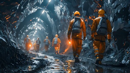 Gold mine, workers wearing safety suits