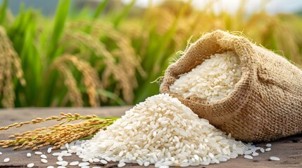 Wall Mural - White rice and paddy rice with rice plant background.
