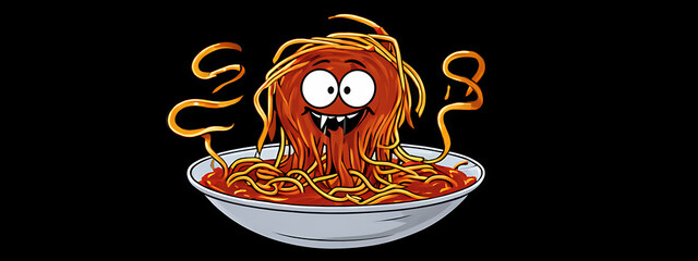 Wall Mural -  Spaghetti monster pasta flying halloween funny food pastafarian sauce cartoon. Pop spaghetti pasta monster dish scary head art spooky fun meatball humor tomato isolated atheist religious lunch holy. 