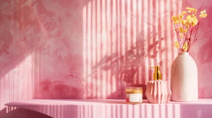 Wall Mural - Pink-themed still life with ceramic vase and flowers