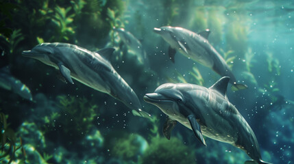 Wall Mural - A close encounter with a group of dolphins swimming gracefully near coral reefs, showcasing their realistic skin tones and dynamic movements. 