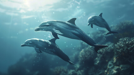 Wall Mural -  A close encounter with a group of dolphins swimming gracefully near coral reefs, showcasing their realistic skin tones and dynamic movements. 