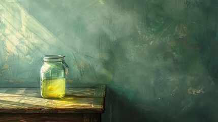 Wall Mural - Glass Jar with a Yellow Object on a Wooden Table Against a Green Wall