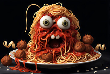 Wall Mural -  Spaghetti monster pasta flying halloween funny food pastafarian sauce cartoon. Pop spaghetti pasta monster dish scary head art spooky fun meatball humor tomato isolated atheist religious lunch holy. 